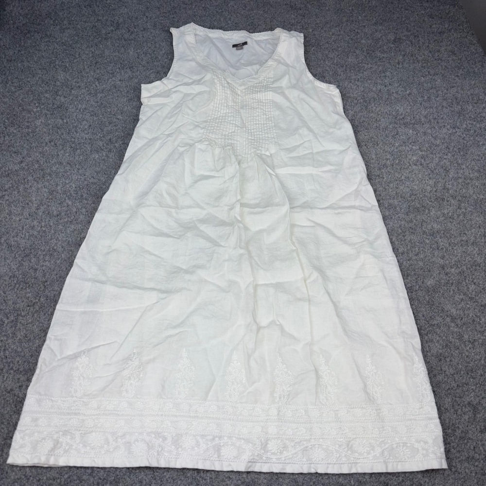 J. Jill Linen Embroidered Dress Womens Medium White Sleeveless V-Neck Midi Boho